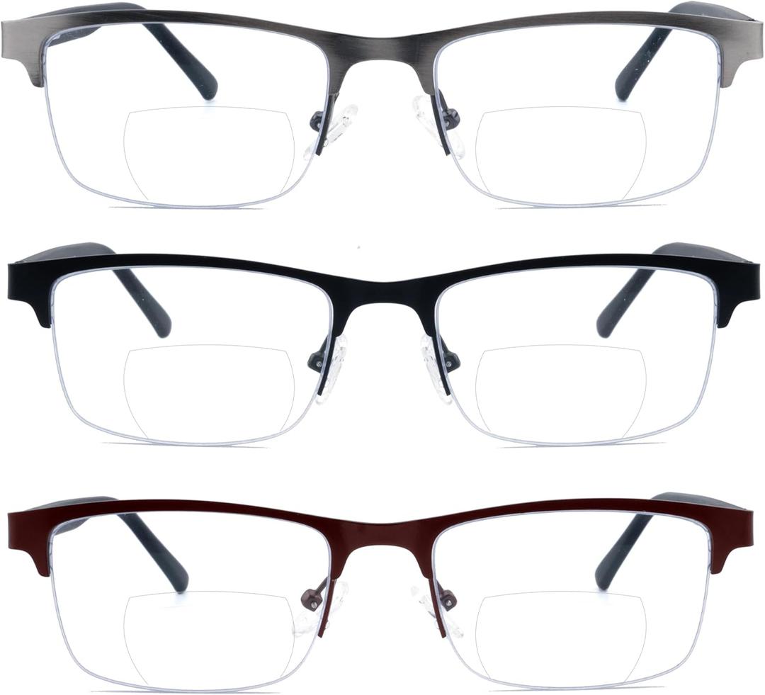 3 Pack Bifocal Reading Glasses for Men Metal Half Frame Bi-focal Readers Clear Top Far/Near Dual-use Eyeglasses,Black/Brown/Gun metal, +1.50