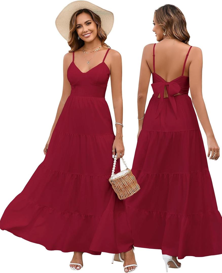 HTZMO Women Summer Floral Maxi Sundress Boho Beach Long Dress | Wedding Guest Bridal baby Shower Vacation Party Dresses 2026, Bow Tie A Line Flowy V Neck Spaghetti Strap (Red, L)