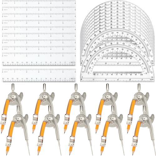 40 Pieces Geometry Math Set Compass for Geometry Math Compass and Protractor Set Include Metal Compass with Pencil Plastic Ruler and Protractor for Student School Office Woodworking Drawing Tools