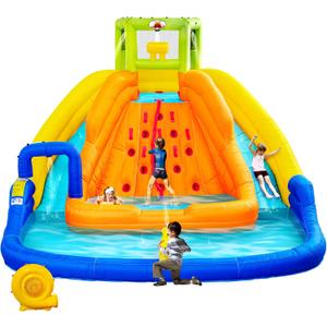 WELLFUNTIME Inflatable Water Slide, Bounce House with Water Bucket, Deep Pool, Climbing Wall with Rope, Bouncy Castle with Air Blower, 164 X 146 X 105 Inches