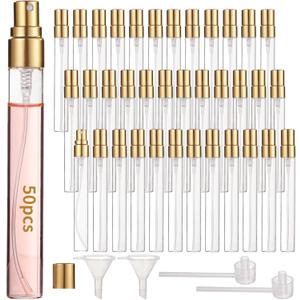 50 Pcs 10 ml Perfume Bottles - Refillable Glass Mini Spray Bottles, Portable Travel Sample Containers, Fine Mist Atomizers with Caps, Includes 2 Funnels and 2 Dispensers, Ideal for Liquids, Gold