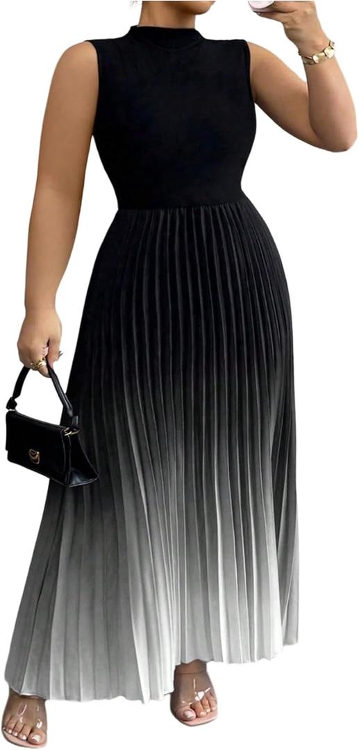 SOLY HUX Women's Plus Size Maxi Dress Ombre Mock Neck Sleeveless Pleated A Line Flowy Long Dresses Black Gradient XX-Large Plus