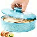 Ceramic Tortilla Warmer with Lid, 8.5 Inch Microwavable Pancake Holder, Aqua Taco Keeper Server Box, Food Storage Container for Mexican Party, Taco Tuesday Night, Dishwasher Oven Safe