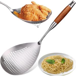 Skimmer Slotted Spoon -17in 304 Stainless Steel Pasta Spider Strainer Skimmer Ladle Spoon for Cooking and Frying - Kitchen Large Metal Scoop Colander Strainer Spoon with Heat Resistant Wooden Handle