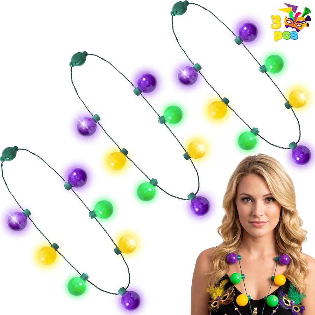 JOYIN 3 PCS Mardi Gras LED Bulb Necklace, Purple, Green, Gold LED Light Up Necklace with 6 lighting modes for Mardi Gras Party Favors Supplies, Masquerade Costume Accessories