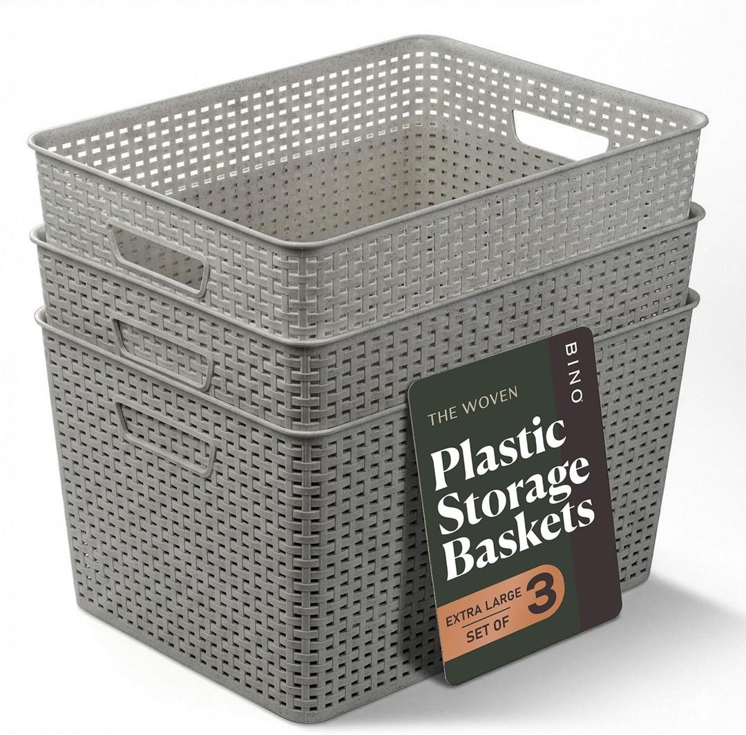 BINO | Plastic Storage Baskets, 33 Liter - 3 Pack, Natural Grey | THE WOVEN COLLECTION | Storage Basket for Shelves | Woven Storage Baskets for Organizing Bins | Pantry Shelf Organizer | Container Bin