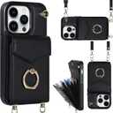 iPhone 14 Pro Max Case 6.7 inch, Minimalist Wallet Case with Ring Kickstand and Shoulder Strap, Shockproof Stylish Protective Cover with Wrist Strap for iPhone 14 Pro Max -Black