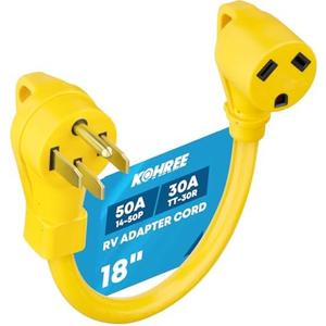 Kohree 50 Amp to 30 Amp RV Adapter 18", Heavy Duty RV Dogbone Electrical Plug Adapter with Grip Handle, NEMA 14-50P to NEMA TT-30R, 125V/3750W, ETL Listed Kohree 50 Amp to 30 Amp RV Adapter 18", Heavy Duty RV Dogbone Electrical Plug Adapter with Grip Handle, NEMA 14-50P to NEMA TT-30R, 125V/3750W, ETL Listed