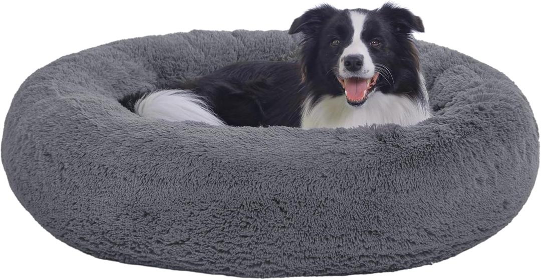 PuppyPalace 45" Calming Dog Bed with Removable Cover,Anti Anxiety Donut Dog Bed,Plush Round Pet Beds for Extra Large Dogs,Fluffy Faux Fur Dog Bed,Washable Cuddler Dog Bed(Dark Grey,XL)