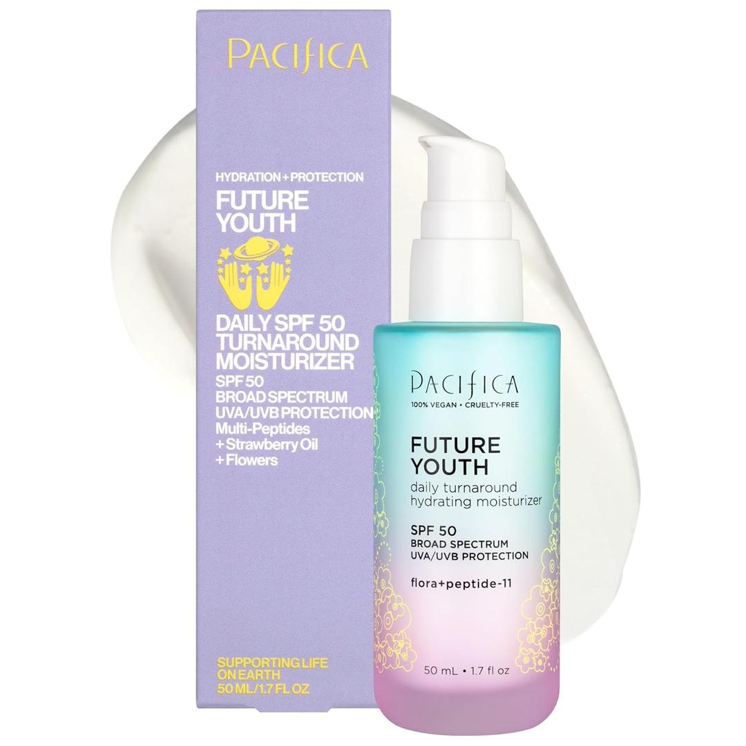 Pacifica Peptide Face Moisturizer Future Youth Daily Turnaround Hydrating, SPF 50 Broad Spectrum, UVA/UVB Sun Protection, Sunscreen, Face Moisturizer, Anti-Aging, Vegan, 1.7 fl. oz (1 Count)