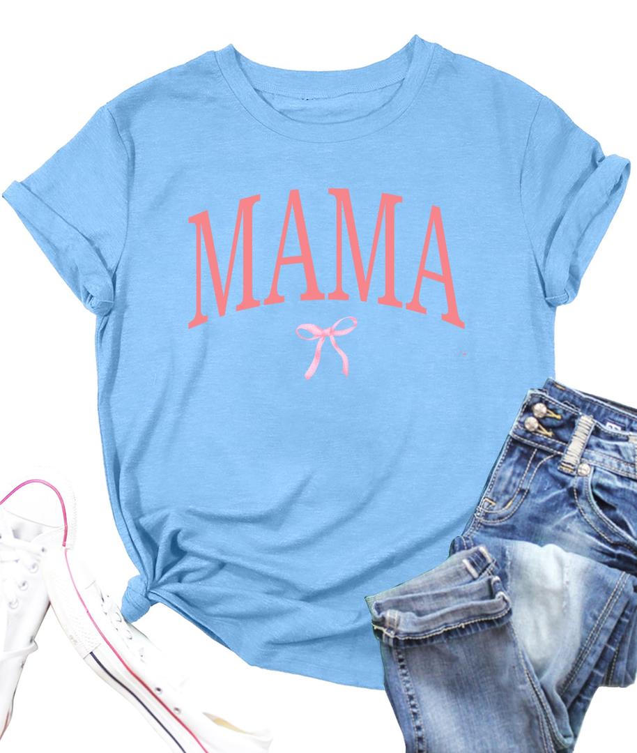 Mama Shirts for Women Mom Shirt Mother's Day T-Shirt Funny Graphic Short Sleeve Tops (Blue, X-Large) (XL)