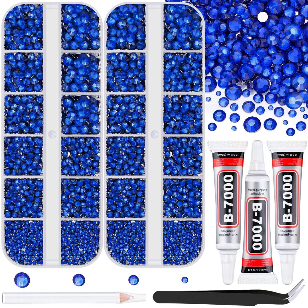 12100Pcs Resin Rhinestones for Crafting with 3Pcs 10ml B7000 Jewelry Glue, 2 Boxes Flatback Crystals Diamond (Royal Blue) for Bedazzling Crafts DIY Nail Art Makeup Non Hotfix Gems for Clothing Shoes