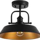 Semi Flush Mount Close to Ceiling Light, 12.6-Inch Farmhouse Industrial Fixture with Matte Black Shade and Gold Interior, E26 Base Vintage Ceiling Lamp for Kitchen, Hallway, Bedroom, Entryway