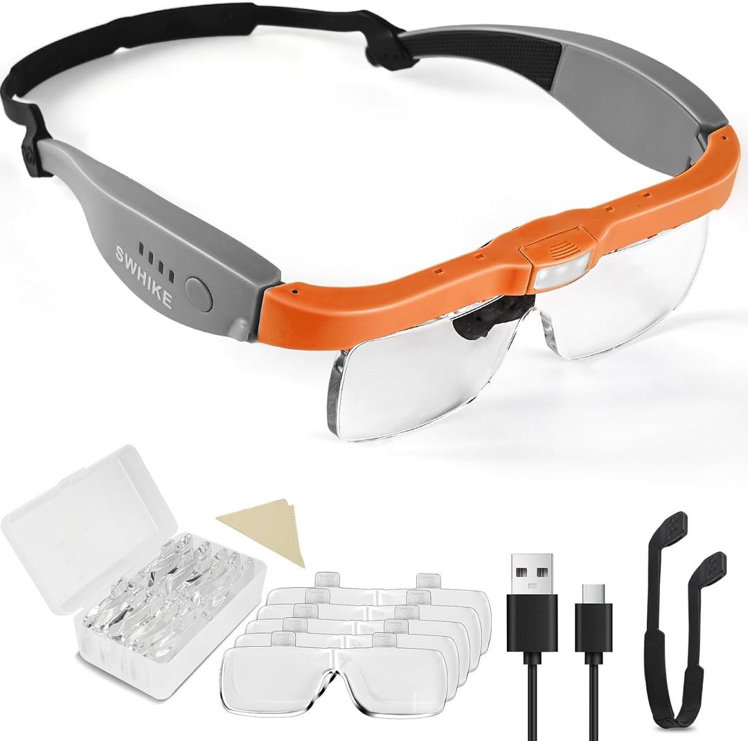 Magnifying Glass with Light Hands Free, Rechargeable Magnifying Glasses Headset with 5 Detachable Lenses Magnifier for Close Work, Reading, Jewelry Making Crafts (Orange & Gray)