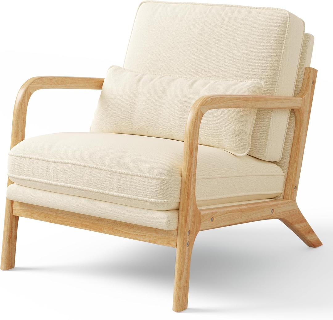 Ahomly Accent Chair Bedroom Chair with Lumbar Pillow Arm Chair with Solid Wood Frame, Soft and Thick Cushion for Living Room, Bedroom, Reading Room, Sunroom, Balcony, Reception Room, Linen Beige