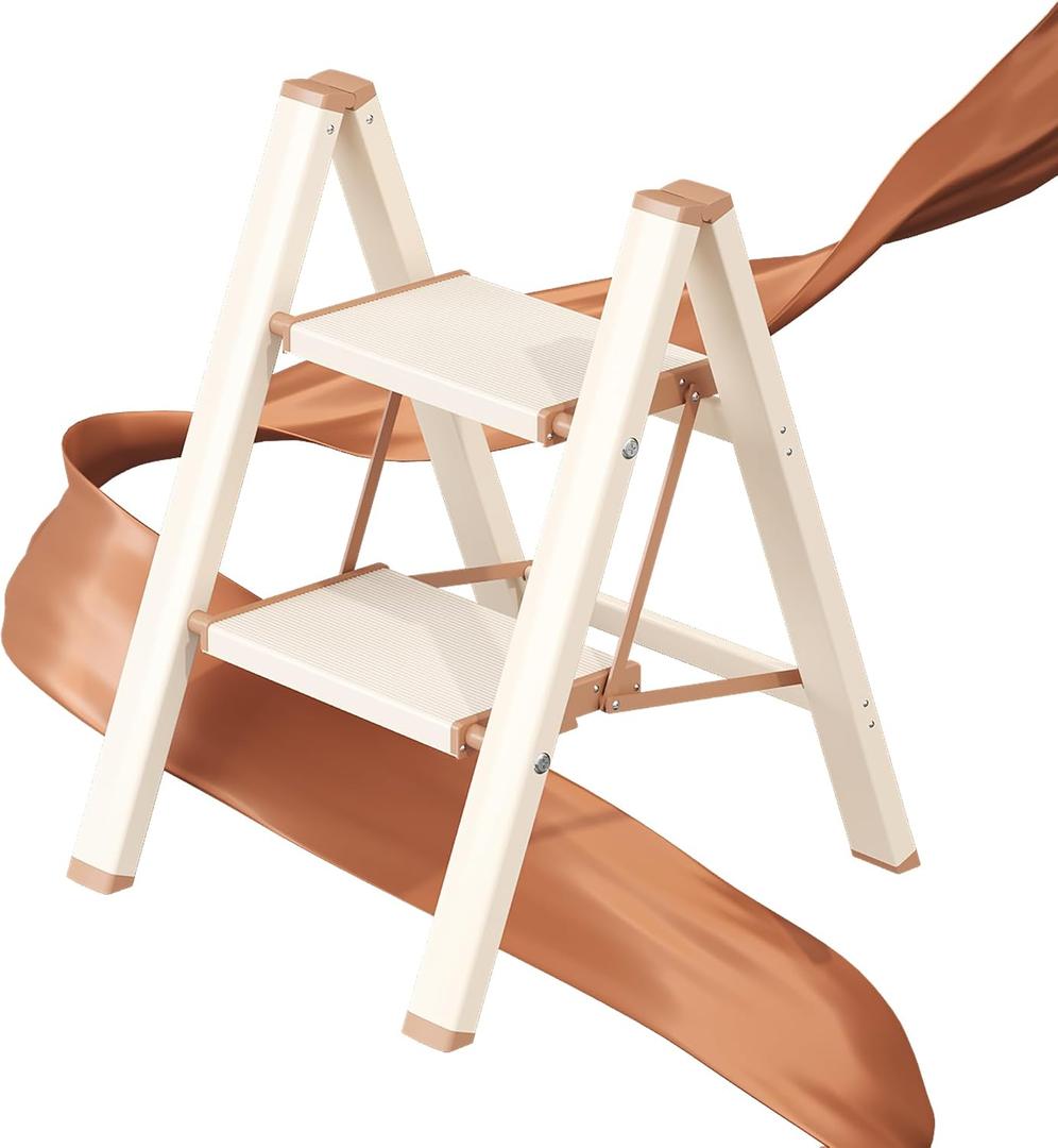 GameGem 2 Step Ladder, Folding Step Stool with Wider Pedal, Anti-Slip Feet & Non Slip Stripes, Aluminum Sturdy Material, 300Lbs Capacity, Elegant Look of Cream Chocolate Better Matches Your Home