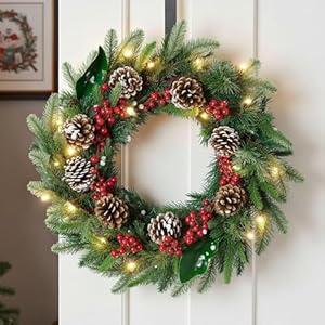 ELYKEN 22'' Christmas Wreath with 30 LED Lights for Front Door, Xmas Wreath with Hanger, Pre-Lit Artificial Wreath Christmas Decorations for Indoor Outdoor Use (Green)
