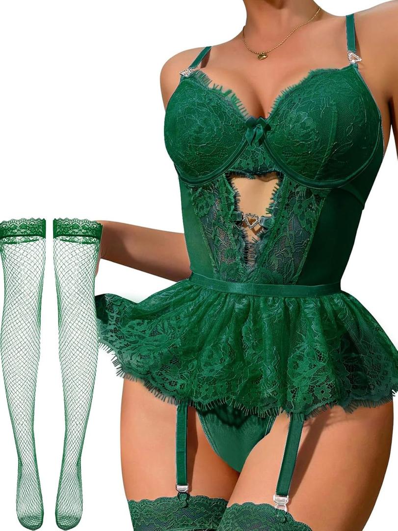 Women Lingerie Set Naughty Lace Bodysuit High Waisted Underwire Lingerie Babydoll With Garter Belt and Stockings (Large, Emerald Green)