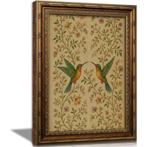 RLZIEWPT Vintage Gold Framed Bird Wall Art,Retro Cottagecore Hummingbird and Wildflower Picture Wall Decor,Folk Art Farmhouse Poster, for Living Room Bedroom 9X11in