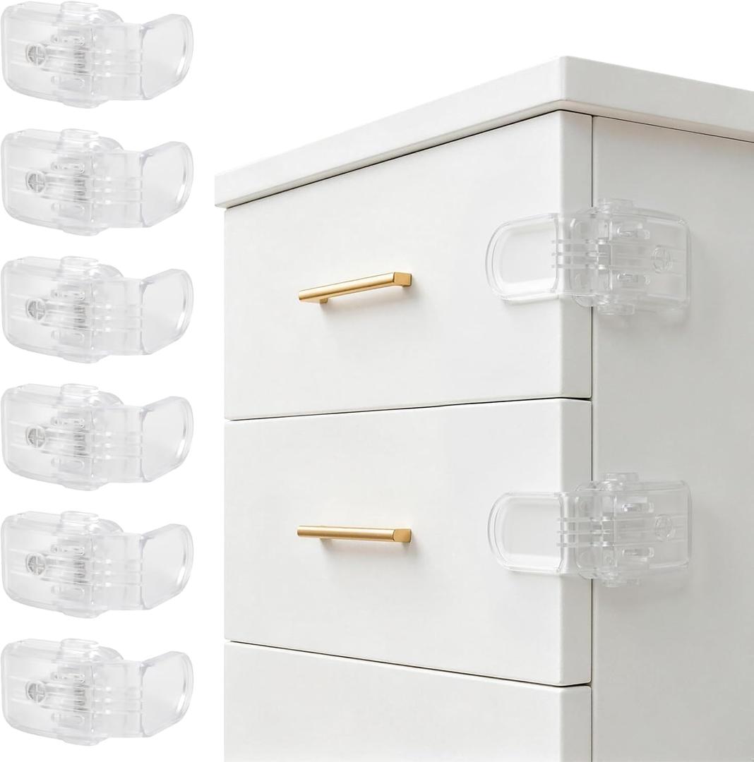 Roctee 6 Pack Drawer Baby Locks Clear, Baby Proof Locks for Side Drawers Pull Out Thin Dresser Kitchen Cabinet Bedside Tables, Safety Latch Child Proofing Clips