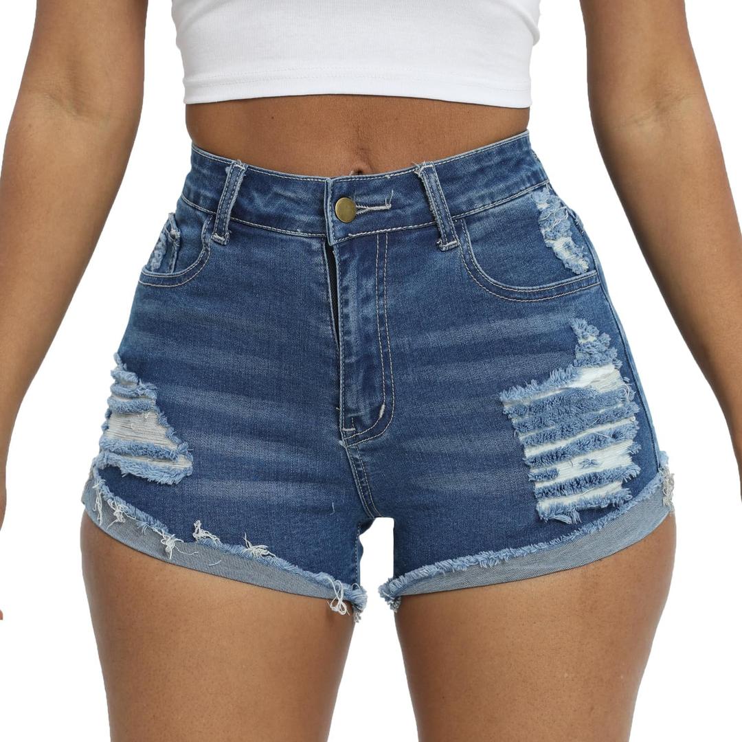 Women Ripped Denim Shorts High Rise Summer Jeans Stretchy Folded Hem Jean Shorts Cut Off Distressed Short Jeans (Medium, Dark Blue)