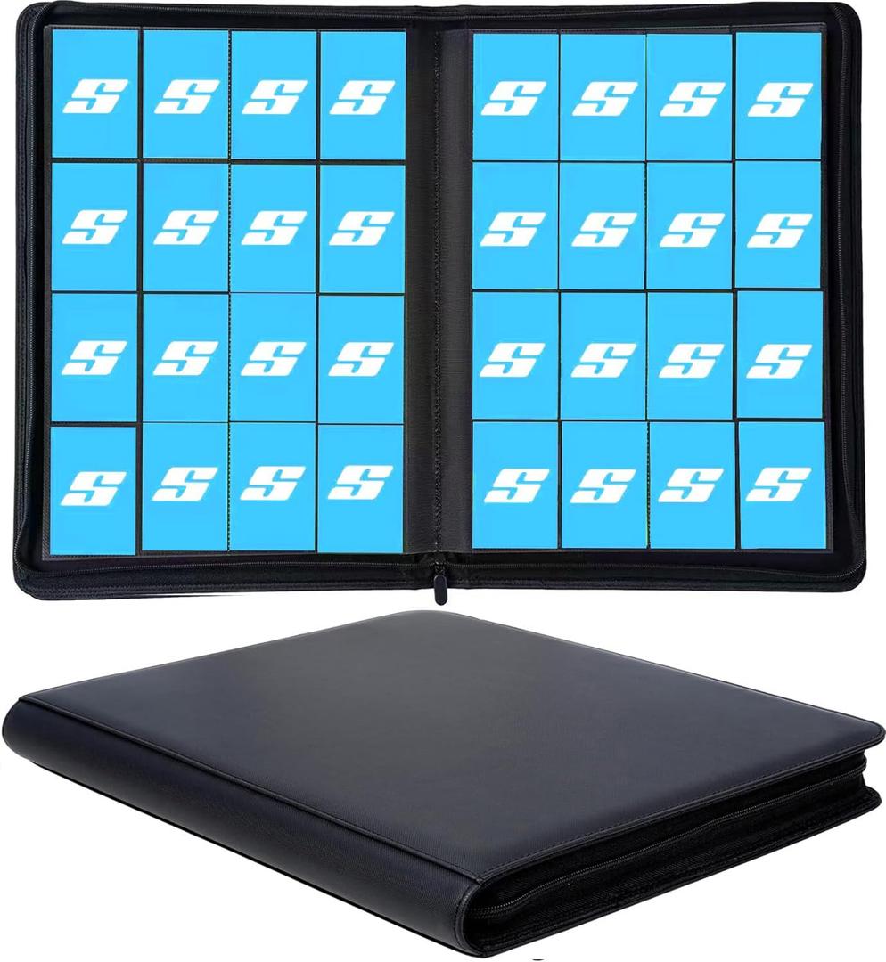 16 Pocket Card Binder, Ringless Zip Trading Card Binder, 1000+ Double Sided Pocket PU Collection Binder, Collector Album, Card Folder for MTG, TCG, Sports Cards (Black)