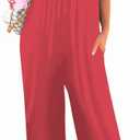 Womens Casual Sleeveless Strap Loose Adjustable Jumpsuits Stretchy Long Pants Romper with Pockets (Red, L)