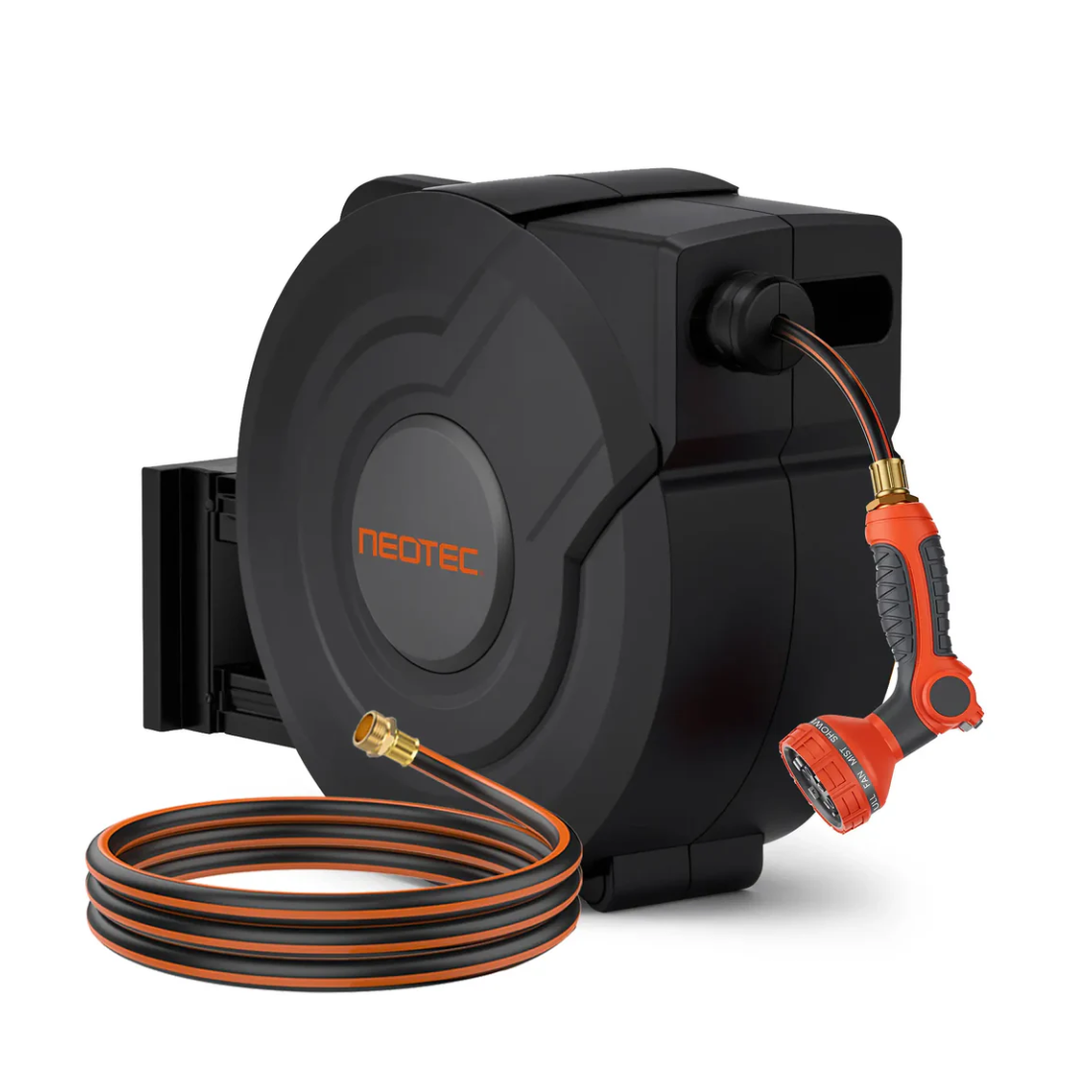 NEOTEC Retractable Garden Hose Reel 1/2 inch x 100ft - Wall Mounted Heavy Duty Hose Reel with 3/4 Inch Brass Fittings & 9-Pattern Nozzle - Auto Rewind System, Any Length Lock, 180° Swivel Bracket