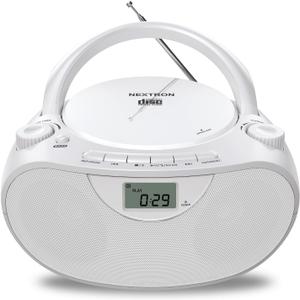 Nextron Portable CD Player Bluetooth Boombox with AM/FM Radio, USB, AUX-in, Headphone Jack, CD-R/RW & MP3-CD Compatible, Stereo Sound with Bass Boost, AC/Battery Operated White