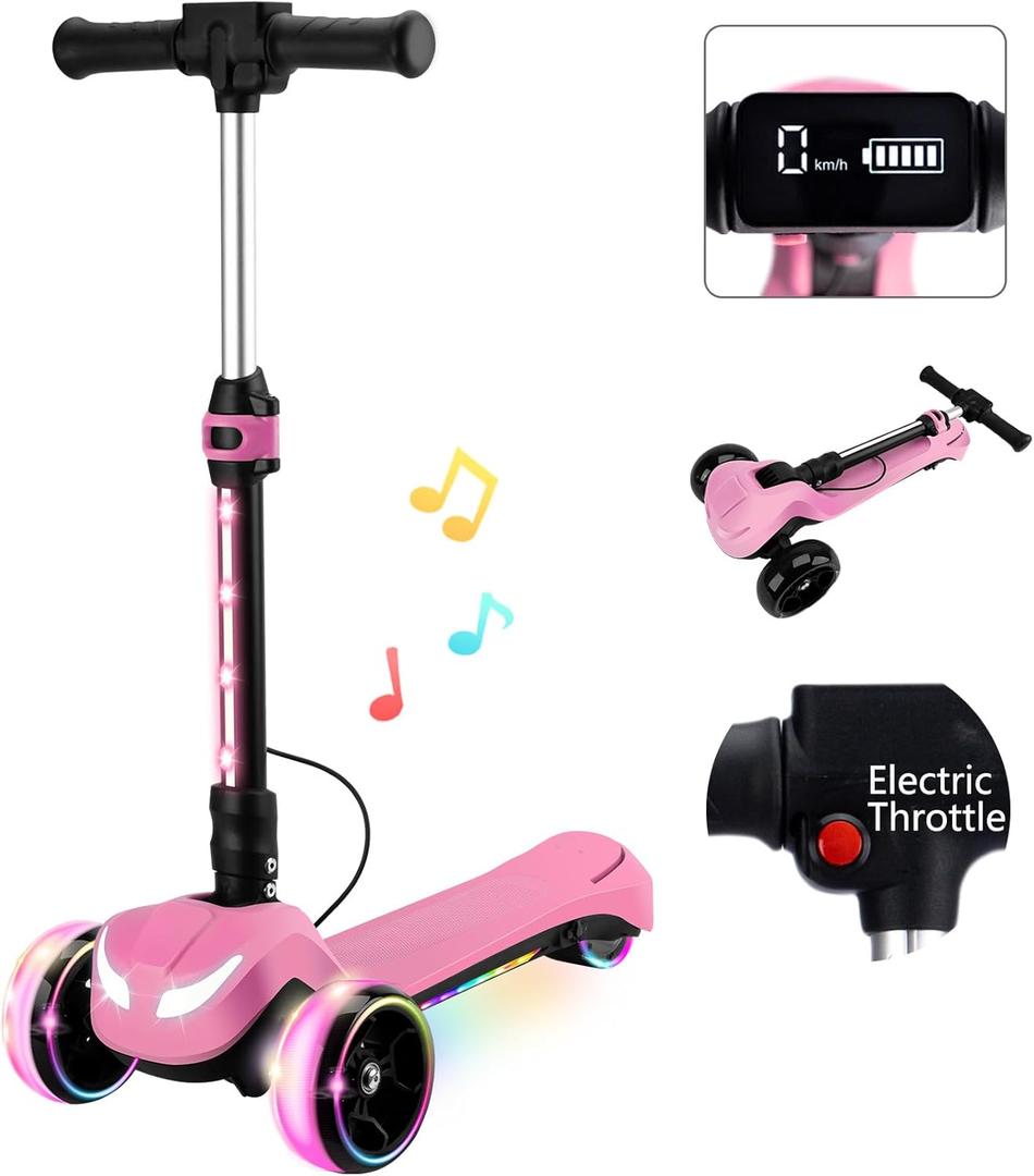 24V Electric Scooter for Kids w/150W Powerful Motor, Thumb Throttle, LCD Screen, Bluetooth, Light-Up Stem Deck & Wheels, 3 Adjustable Heights, 5MPH Safe Speed, 3 Wheel Electric Scooter for Kids (Pink)