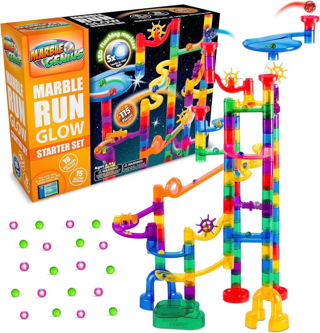 Marble Genius 115 pcs Glow Marble Run Track Race Starter Set for Kids Age 4+, Glow in The Dark, STEM Educational Building Block, Color Instruction Manual, for Kids