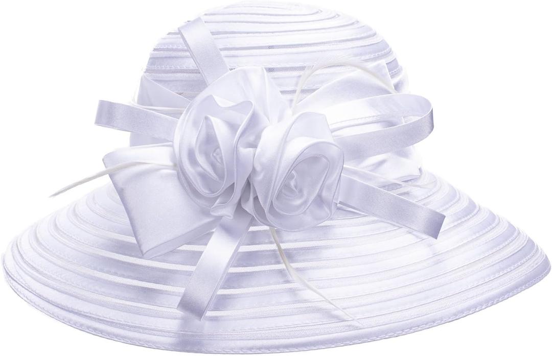 Lawliet Womens Satin Ribbon Church Wedding Sun Wedding Occasion Hat A214 (White)