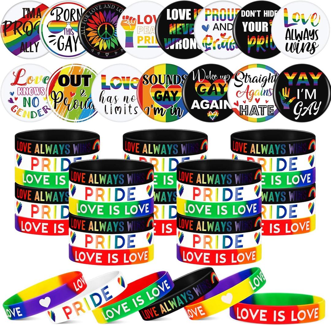 Nosiny 60 Pcs Pride Accessories Bulk Include 30 Pride Pins with 30 Rainbow Bracelets, LGBTQ Pins Silicone Wristband LGBTQ Stuff for Gay Party Supplies Parade Gift Decorations