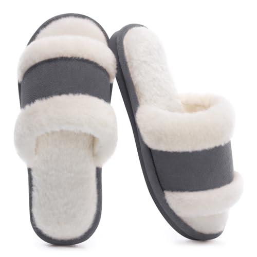 SHIBEVER Women's Slippers Fuzzy Open Toe Slip On Indoor House Shoes Comfy Bedroom Women Slippers Gray Size 7.5-8