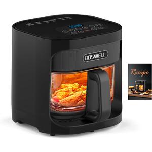 BOSWELL Glass Air Fryer, 4.5QT Transparent Fry Bowl, Circulating Heating, Non Toxic, Large Capacity Air Fryer Roast, Temperature Control Dishwasher Safe (Black)