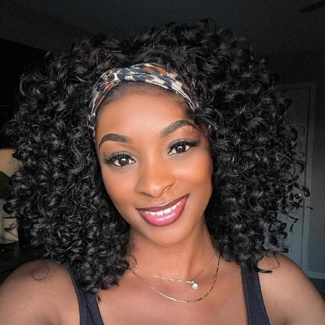 CINHOO Short Curly Headband Wigs for Black Women 12inch Deep Wave Black Headband Wig for Women Curly Head Band Wig with Headbands Attached Daily Use (1B#)