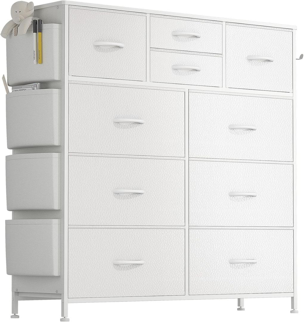 Lulive White Dresser for Bedroom with 10 Drawers, Chest of Drawers with Side Pockets and Hooks, PU Storage Dresser, Organizer Unit for Living Room, Hallway, Closet (White)