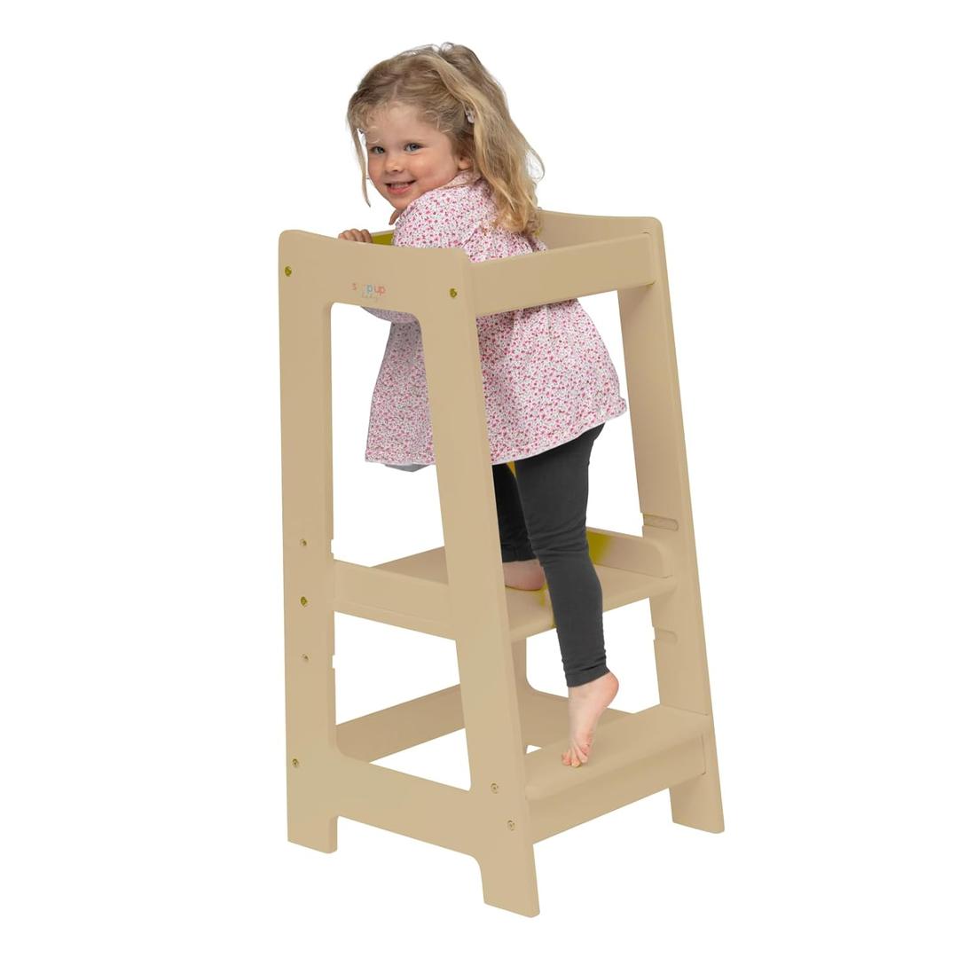 Stepup Baby Toddler Tower - Kids Helper Step Stool & Safety Rail for Child & Adjustable Height, Durable Non-Slip Platform for Kitchen & Bathroom Sink, Easy Assembly Toddlers Tower - Varnished