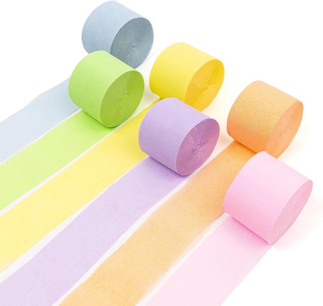 HOUSE OF PARTY Pastel Love Crepe Paper Streamers 6 Crepe Paper Rolls 492ft (1.8 Inch x 82 Ft/Roll) - Pack of Orange, Yellow, Green, Blue, Purple, Pastel Pink Paper Streamers Easter Party Decorations