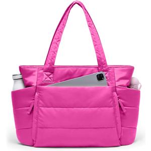 Tote Bag for Women with Zipper, Quilted Puffer Tote Bag with Compartments, Lightweight Puffy Work Bags for Women Travel (Raspberry Pink)