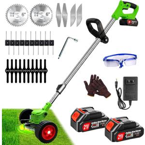 Electric Weed Wacker Cordless Battery Powered, Weed Cordless Eater with 2X 21V/4.0Ah Battery Operated & Wheels 3 Types Blades, 3 in 1 Stringless Grass Trimmer/Edger/Brush Cutter for Garden Yard Lawn