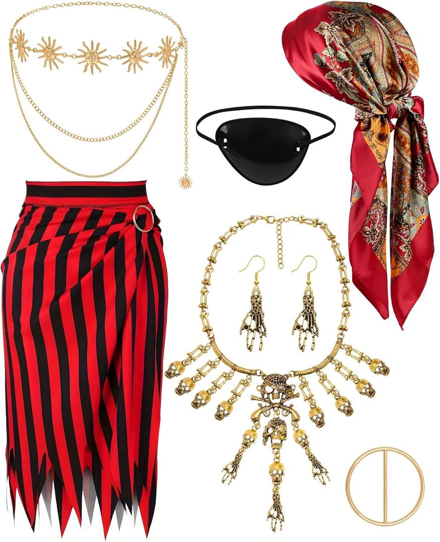 Woman Pirate Costume with Accessories Set,Pirate Skirt Women Adults Head Scarf Skeleton Necklace Sash Chain Belt Eye Patch for Halloween Cosplay Outfits