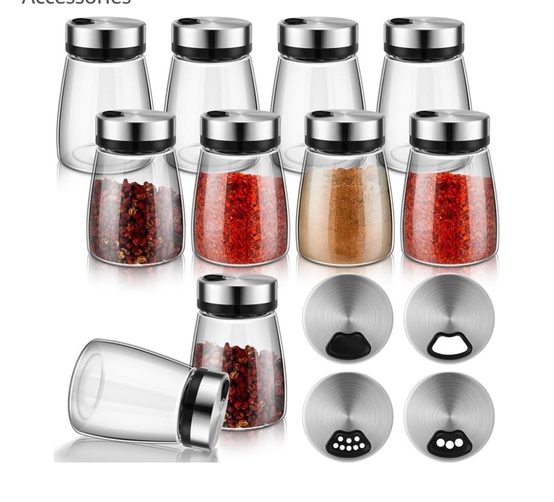 10 Pcs Salt Pepper Shakers Set with Adjustable Pour Holes Stainless Steel Spice Dispenser 6oz Clear Glass Seasoning Containers for Kitchen Restaurant Home BBQ Camping Farmhouse Accessories