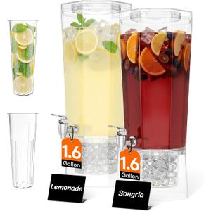 Lifewit 1.6 Gallon Drink Dispenser for Parties 2 Pcs, Large Plastic Beverage Container for Juice/Tea/Soda with Stand & Ice Core, Clear Lemonade Dispenser with Spigot, BPA Free Water Pitcher for Fridge