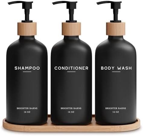 Black Shampoo and Conditioner Dispenser Set by Brighter Barns - Body Wash, Shampoo Dispenser for Shower with Pump - Refillable Plastic Shower Soap Dispenser for Bathroom Decor in Home, Airbnb (Black)