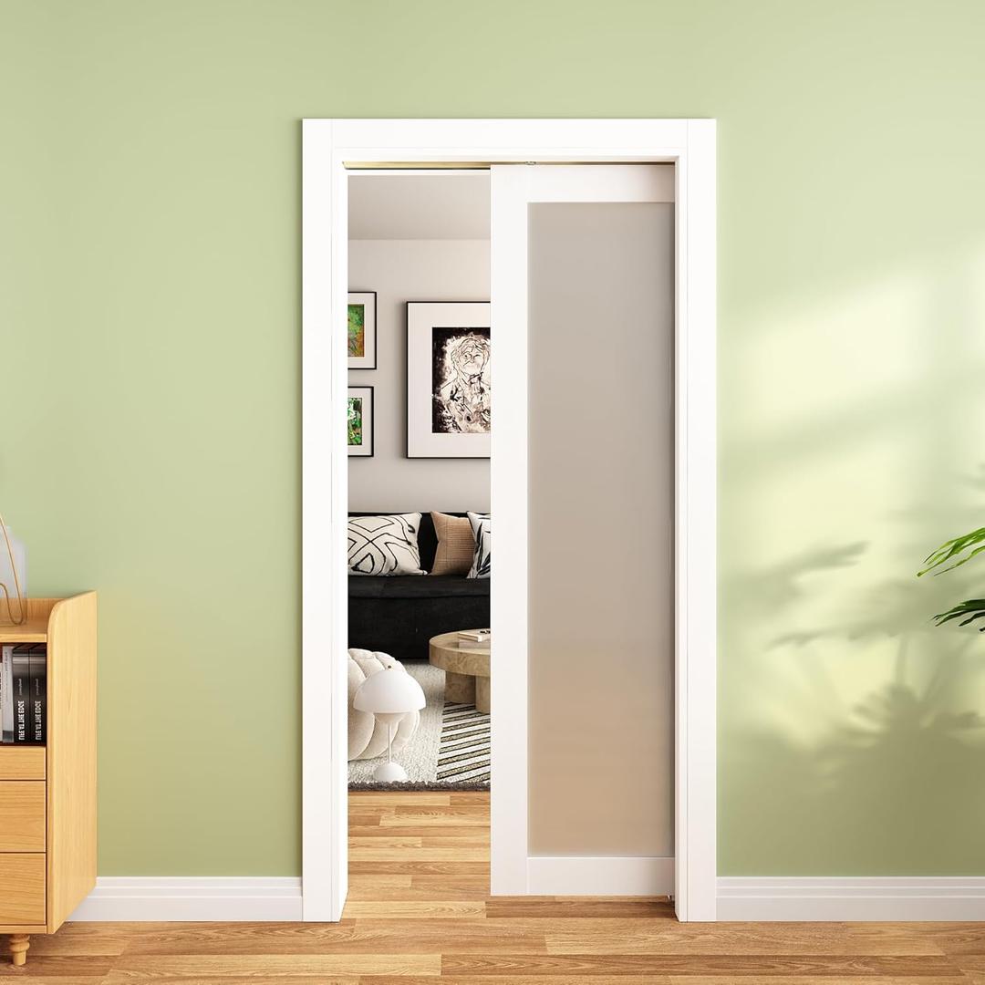 JUBEST Pocket Door 36"x80", 1-Panel Tempered Frosted Glass Sliding Pocket Door with Soft Close Hardware Kit, Sturdy Solid Wood & MDF with Water-Proof PVC Surface, White