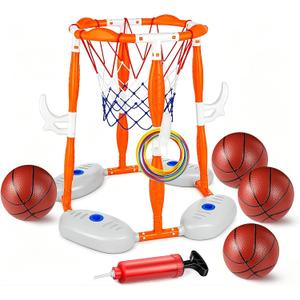 PJG Pool Basketball Hoop, 2-in-1 Floating Poolside Basketball Ring Game Football for Kids Ages 3-12, Outdoor Summer Swimming Pool Party Water Toy for Family Adults Boys Grils Birthday Gift (Orange)