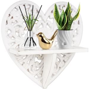 Multipurpose Floating Wall Mounted Shelf with Key Hooks  Rustic Wooden Wall Dcor and Storage Solution Heart-Shaped 12 Decorative Wall Art for Entryway, Living Room, or Bedroom  Vintage White