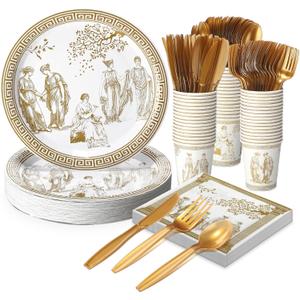 Yungyan 300 Pcs Greek Mythology Party Supplies Bulk for 50 Guests, Ancient Greece Inspired Greek Mythology Plates Napkins Cups Forks, Tableware Set for Birthday, Holiday and Party Supplies