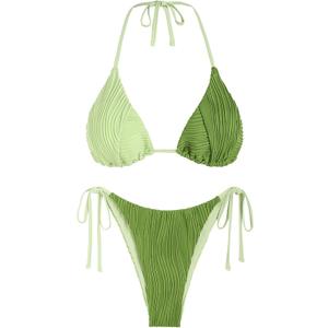 ZAFUL Bikini Sets for Women Halter Two Piece Swimsuit Ribbed High Cut Tie Side Thong Bathing Suit Sexy Padded Swimwear (Large, Green)